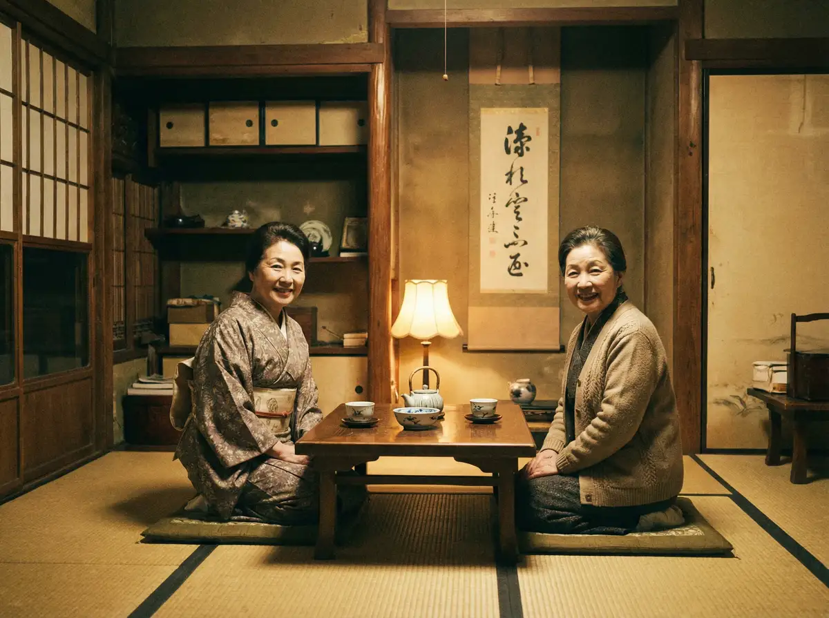 两位优雅的 善良的公与熄BD 在日式茶室中品茶交谈